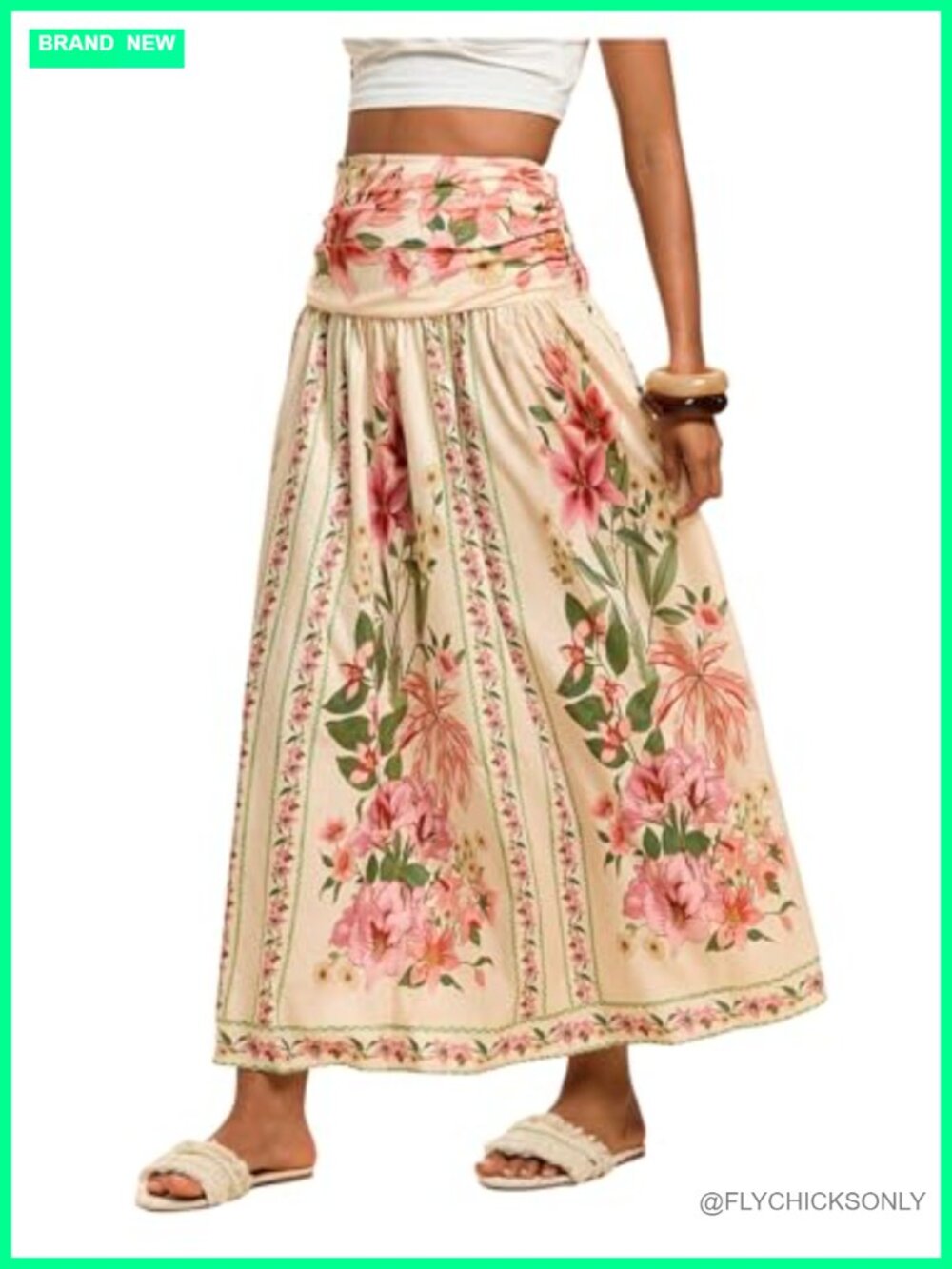 Boho Floral Print High Waisted A Line Maxi Skirt Shirred Flowy